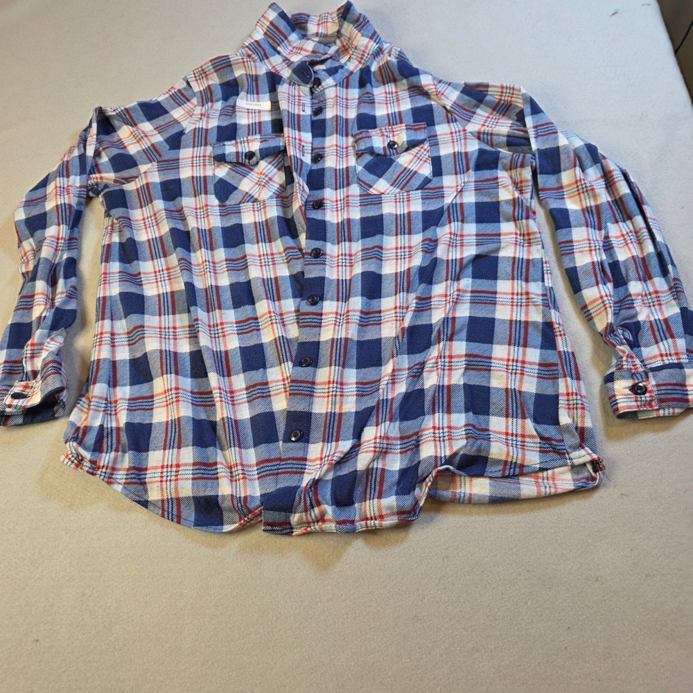 Rue+ Womens Plus 1X Plaid Button Down Shirt Blue White Red Long Sleeve